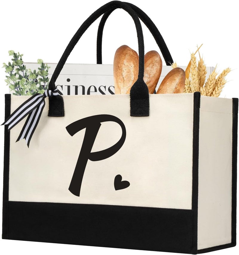 shenee Initial Canvas Tote Bag, Personalized Beach Jute Bag Present for Women Holiday,Friends Birthday Gift,Wedding, New Year - Image 1